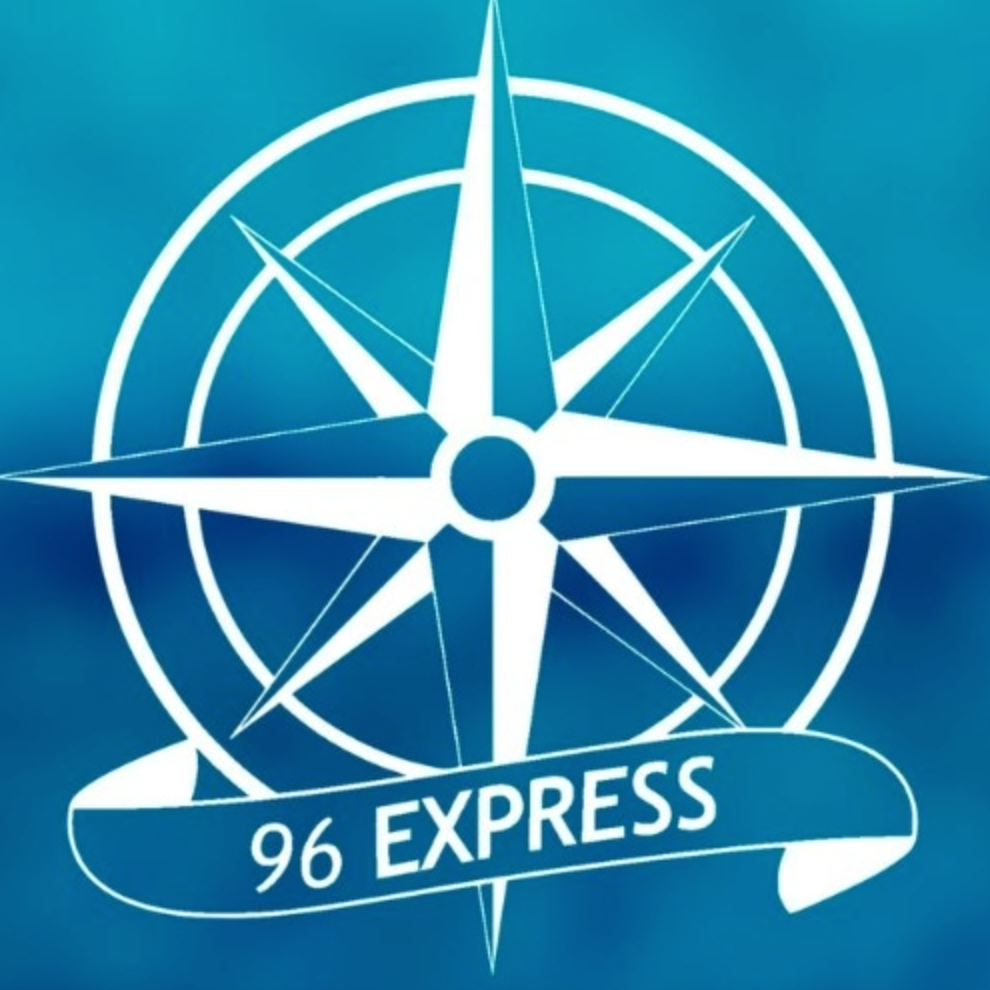 Logo of 96 Express, a café in North Beach, Perth, showcasing a white compass design against a teal backdrop, symbolising a haven for beachgoers seeking refreshment and direction.