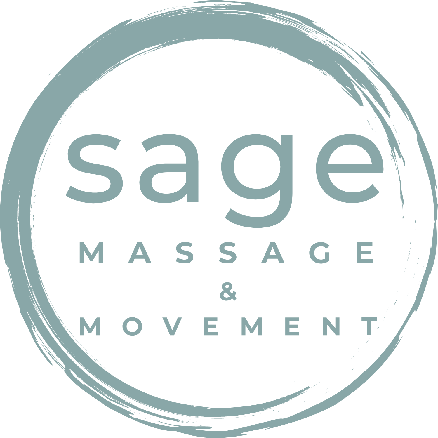 Logo of Sage Massage & Movement, depicted as stylized white text within a distressed circular border on a dark background, conveying a holistic and serene approach to physical wellness and therapy.